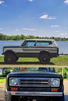 an old truck is parked in front of a lake and another car has been painted black