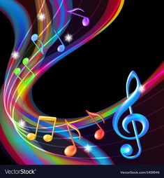 colorful music notes with stars and swirls on black background