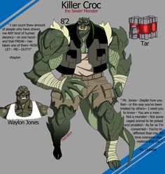 an info sheet for the character killer croc, which appears to be in action