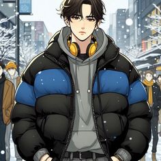 a man with headphones standing in front of a group of people on a snowy street