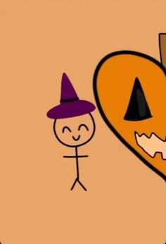 a drawing of a person wearing a witches hat next to an orange heart with a hole in it