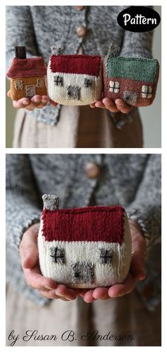 two pictures of small houses made out of yarn