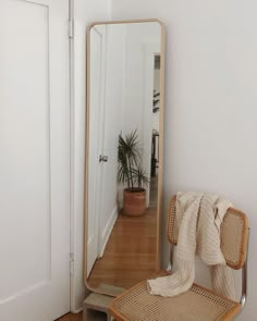 a chair sitting in front of a mirror next to a plant and potted plant