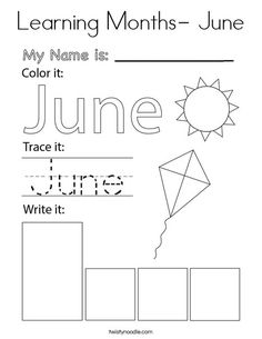 a coloring page with the words june and an image of a kite