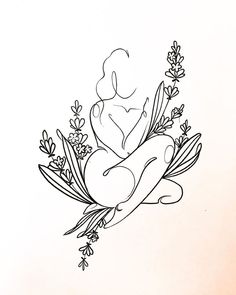 a black and white drawing of a woman sitting on a branch with flowers in her lap