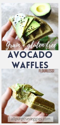 the avocado waffles are cut in half and stacked on top of each other