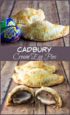 some food that is on top of a wooden table and in front of the words cadbury cream egg pies