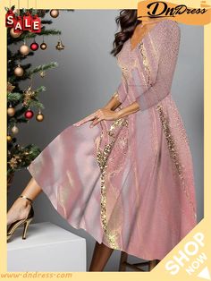 Women's Red Christmas Party Dress Sparkly Christmas Dressparty Dress Cocktail Dress Pink Wine Red 3\/4 Length Sleeve Plaid Pocket Deep V Fashion Winter Dress Glamorous Knee-length Winter Dresses, Gold V-neck Midi Dress For Party Season, Gold V-neck Midi Dress For Party, Festive Evening A-line Midi Dress, Gold Long Sleeve Winter Dress, Gold Long Sleeve Dress For Winter, A-line Cocktail Dress For Christmas, Holiday A-line Dresses With Sequins, Holiday Evening A-line Midi Dress