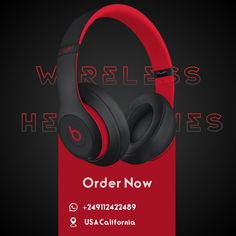 the beats on ear headphones are red and black, with an advertisement for wireless heist