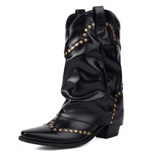 Shop Women's Black Rivets Fold Over Block Heel Boots Square Toe Cowboy Booties color Black for Ball, Music Festival, Night Club, Party with worldwide Free shipping & Free return. Fall Party Knee-high Moto Boots, Knee-high Moto Boots For Party And Fall, Knee-high Moto Boots For Fall Parties, Punk Style Pointed Toe Mid-calf Winter Boots, Winter Punk Mid-calf Boots With Pointed Toe, Punk Style Winter Mid-calf Boots With Pointed Toe, Fitted Winter Boots With Rivets, Fitted Boots For Fall Festival, Punk Style Snip Toe Winter Boots