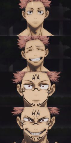 five anime faces with pink hair and white teeth