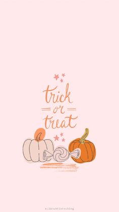 the words trick or treat written in orange and white on a pink background with pumpkins