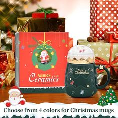 a coffee mug with santa clause on it next to christmas gifts