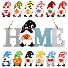 a sign that says home with gnomes and stars on it in different colors, sizes and shapes