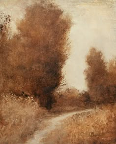 an oil painting of trees and a dirt road