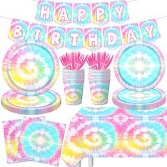 tie dye birthday party supplies including plates, cups and napkins with the words happy birthday on it