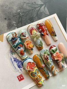 Hmong Nails, Vietnamese Nail Art, Ethereal Nails Acrylic, Year Of The Dragon Nails, Geisha Nails, Chinese Nail Art, Chinese Nails Designs, Lunar New Year Nails, Xiaohongshu Nails