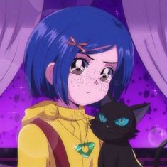 an anime character with blue hair holding a black cat in front of a purple background