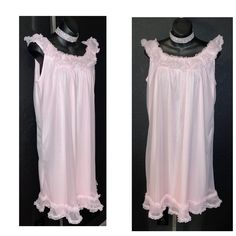 "This is a likely new/old stock gown from Her Majesty, tagged \"Young Jr\", size 15/16 - surprisingly generously sized. It has a sheer chiffon overlay with a nylon layer underneath. The edging is a wonderful ruffle chiffon along the neckline and hem. I don't see any issues, a bit more pink in person than the photos show on my computer. Bust 44\" Waist 56\" Hips 60\" Arm openings 18\" Length 38\" from shoulder to hem" Vintage Ruffled Nightgown For Sleepovers, Vintage Sleeveless Ruffled Sleepwear, Casual Bra, Beautiful Nightgown, Gorgeous Bed, Womens Lingerie, Chiffon Overlay, Rose Vintage, Chiffon Ruffle