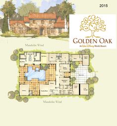 the golden oak floor plan is shown in two different colors and features an outdoor swimming pool