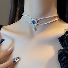 Pearl Bead Necklace, Gothic Choker, Handwritten Gifts, Gothic Chokers, Double Layer Necklace, Gatsby Party, Bead Choker, Layer Necklace, Blue Pendant