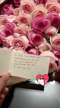 someone is holding a bouquet of pink roses with a note in front of them that says love and affection