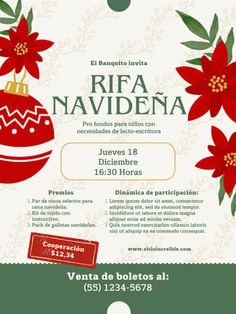 a flyer for a holiday event with poinsettis and ornaments on it, in spanish