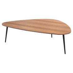 an oval wooden table with black legs and a wood top, on a white background