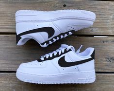 Custom Painted Nike Air Force 1s with Black Details Painted with Angelus Leather Acrylic Paint Paint Air Force 1, Painted Air Force 1, Shoe Artwork, Custom Nike Air Force, Painted Nikes, Custom Nike Air, Nike Air Force 1s, Air Force 1s, Black And White Nikes