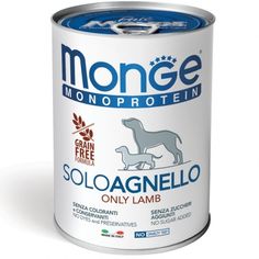 a can of dog food with the word monge on it's side and an image of a dog