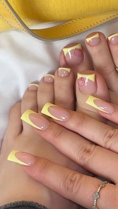 Yellow French Tip Toes, Hands And Toes Nails Matching, Nail And Toes Matching Ideas, Nails Matching, Matching Ideas, Toes Nails, Acrylic Toes, Acrylic Nail Set