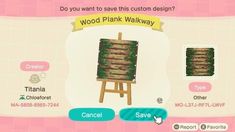 an animal crossing game screen showing the wooden plank walk way, which is also available for sale