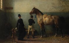 a painting of two men standing next to a brown horse in a stable with a dog