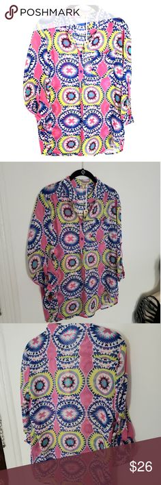 Colorful button up mid sleeve blouse, NWT Colorful blouse with bright designs all over. Semi-Sheer material. Quarter sleeve. Brand new with tags. Size 1XL but fits like XL. NaNa Tops Blouses Colorful Blouse, Colorful Blouses, Sheer Material, Bright Designs, Quarter Sleeve, Pink Yellow, Sleeve Blouse, Button Up, Top Blouse