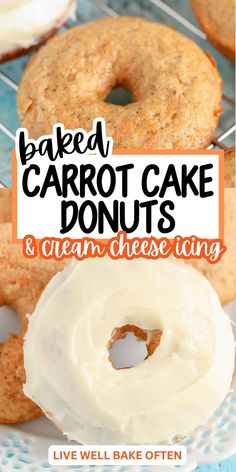 baked carrot cake donuts and cream cheese icing on a cooling rack with text overlay