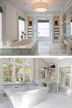 2 Primary Bathrooms with Pedestal Sink, Large Soaking Tub, and Expansive Windows Large Soaking Tub