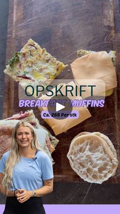 a woman standing in front of a poster with different types of bread and muffins