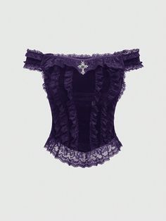 Gothic Style Cross Decor Lace Patchwork Velvet Off Shoulder Blouse For Women Purple Elegant  Short Sleeve Knitted Fabric Colorblock,Plain  Non-Stretch  Women Clothing, size features are:Bust: ,Length: ,Sleeve Length: Whimsy Goth Clothes, Purple Goth Outfits, Dark Purple Top, Goth Blouse, Moon Outfit, Purple Goth, Goth Outfit Ideas, Purple Gothic, Goth Clothing