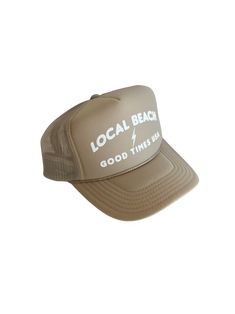 Local Beach Good Times USA Trucker Hat Beach days are the best days! This his or hers trucker is part of our Timeless Summer Collection. Cute and perfect for your next day in the sun. So light, medium profile and a perfect addition to your growing hat collection. 5 Panel Foam Mesh Back Trucker, Pro Style Adult Sizing 100% Poly Foam Front, 100% Nylon Back Summer Outdoor Hat With Curved Bill, Curved Bill Hats For Summer Outdoor Activities, Curved Bill Hats For Summer Outdoor, Lightweight Summer Baseball Cap, Curved Bill Hat For Summer Outdoor, Summer Trucker Hat For Outdoor, Casual Hats For Summer Adventures, Casual Curved Brim Hat For Summer Adventures, Summer Outdoor Snapback Trucker Hat