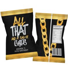 a bag of chips with chains attached to the front and back of it's packaging