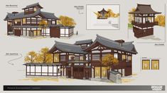 an architectural rendering of a japanese style house with three levels and four rooms, all in different styles