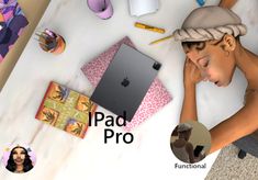 a woman sitting at a table with an ipad and other items around her on it