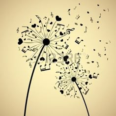 a dandelion with music notes and musical notes blowing in the wind on a beige background