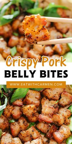 crispy pork belly bites on a plate with chopsticks