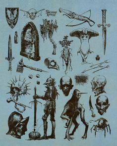 an old drawing of various items from the past, including skeletons and other things in black ink