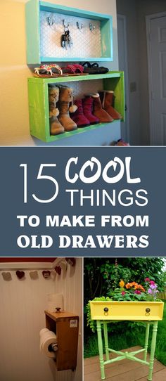 an old drawer is painted green and has the words 15 cool things to make from old drawers