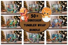 the dinosaur tumbler wrap bundle is on display in front of christmas trees and presents