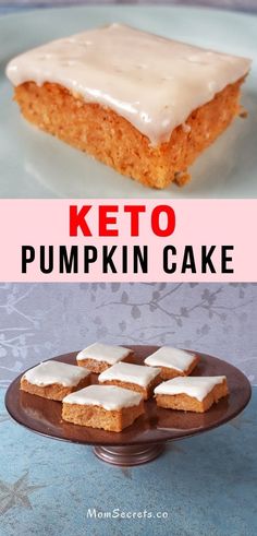 there is a cake with white frosting on it and the words keto pumpkin cake