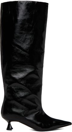 Knee-high crinkled faux-leather boots in black. · Pointed toe · Grained faux-leather lining · Tunit kitten heel with rubber injection · Rubber sole · Heel: H2 in Supplier color: Black