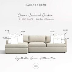 a sectional sofa with measurements for the back and sides, including pillows on top of it